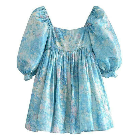 Retro Blue Print Organza Ball Gown Dress Puff Sleeve Mini Dress.