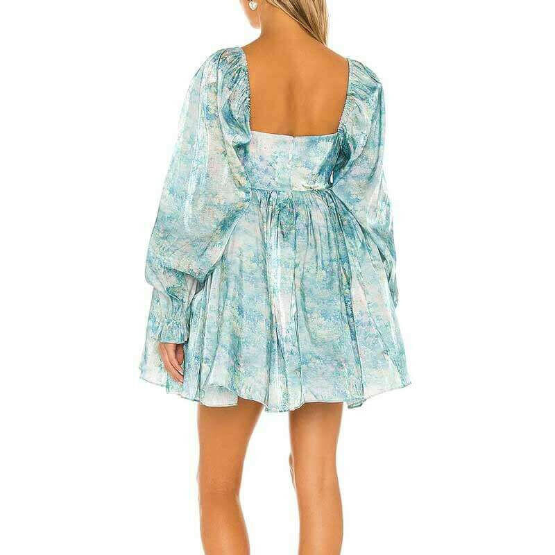 Retro Blue Print Organza Ball Gown Dress Puff Sleeve Mini Dress.