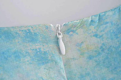 Retro Blue Print Organza Ball Gown Dress Puff Sleeve Mini Dress