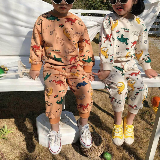 Boys girls spring autumn cartoon dinosaur printed clothes sets.