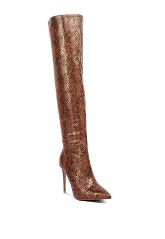 catalina snake print stiletto knee boots.