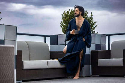 Men's dark navy Luxurious Kaftan Bath Robe.