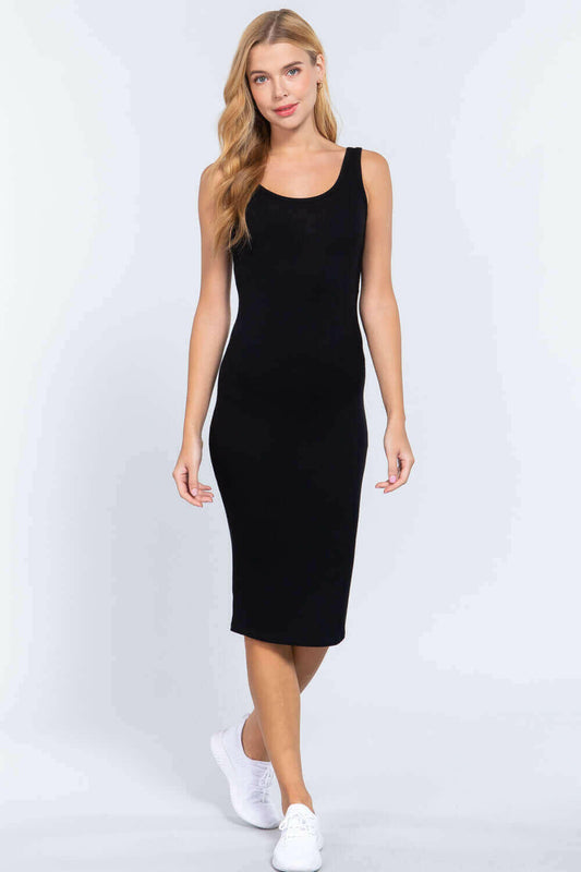 Sleeveless Scoop Neck Rib Midi Dress.