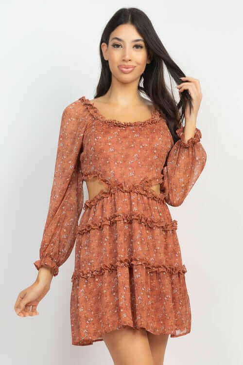 Ruffled Cutout Ditsy Floral Dress.