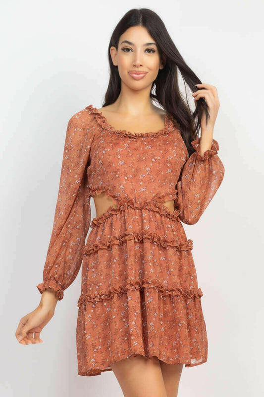 Ruffled Cutout Ditsy Floral Dress.