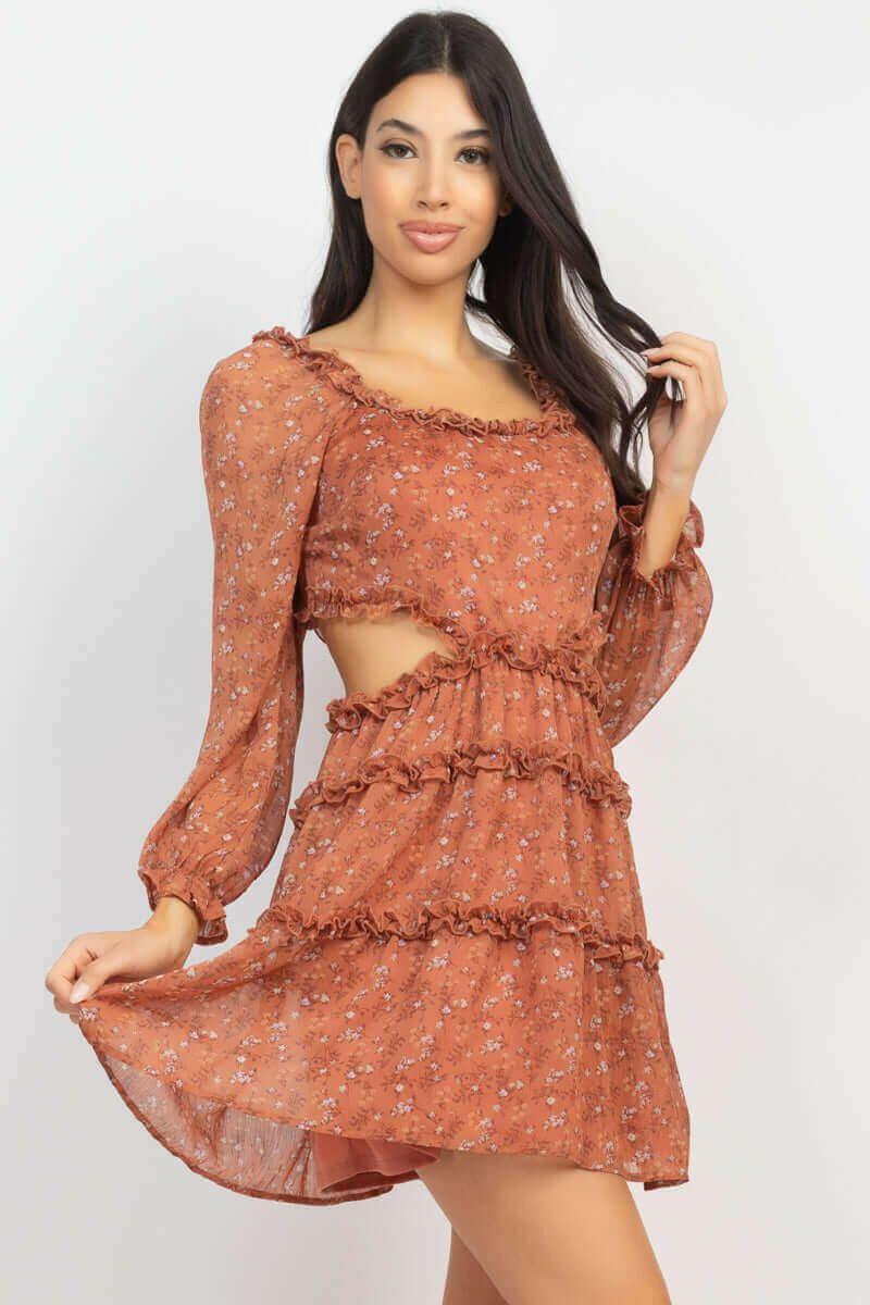 Ruffled Cutout Ditsy Floral Dress.