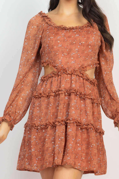 Ruffled Cutout Ditsy Floral Dress.