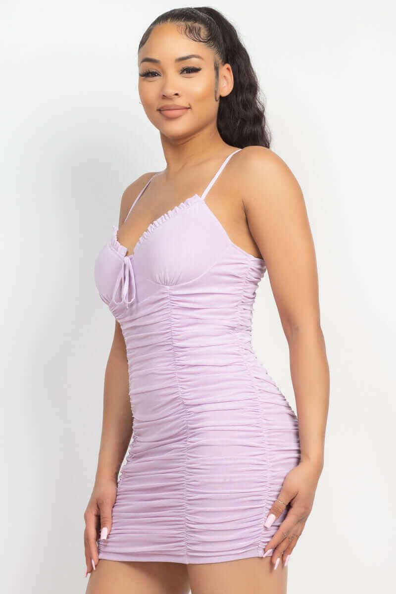 Shirred Bodycon Ruffled Trim Dress