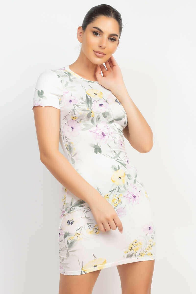 Short Sleeve Floral Bodycon Dress.