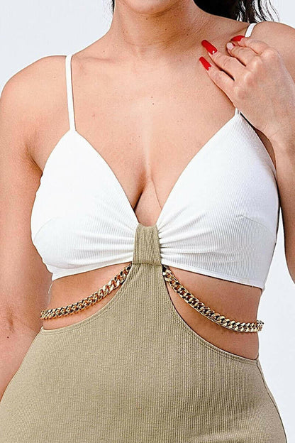 Multi Fabric Bralette Side Cutout With Gold Chain Zipper Closure Back.