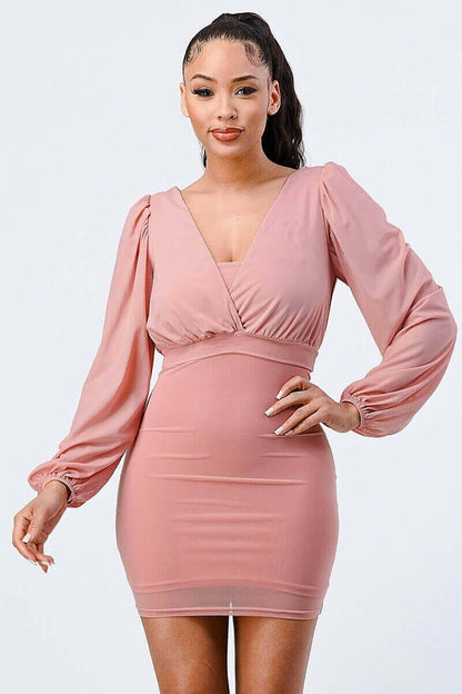 Lux Mesh Layered Lining V Neck Bubble Slv Bodycon Dress.