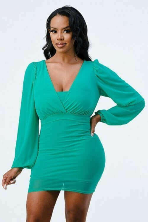 Lux Mesh Layered Lining V Neck Bubble Slv Bodycon Dress.