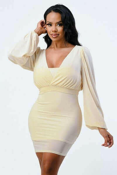 Lux Mesh Layered Lining V Neck Bubble Slv Bodycon Dress.