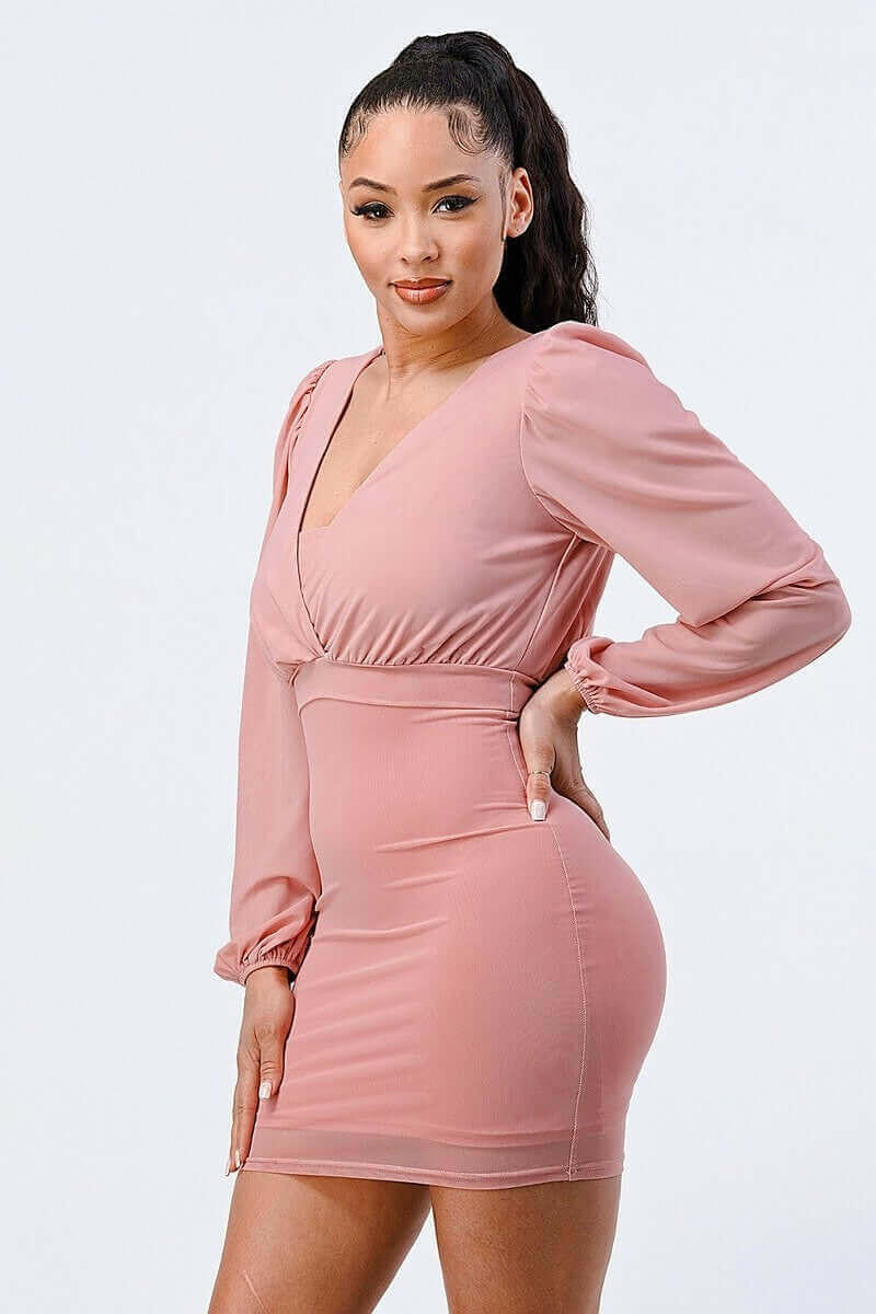 Lux Mesh Layered Lining V Neck Bubble Slv Bodycon Dress.