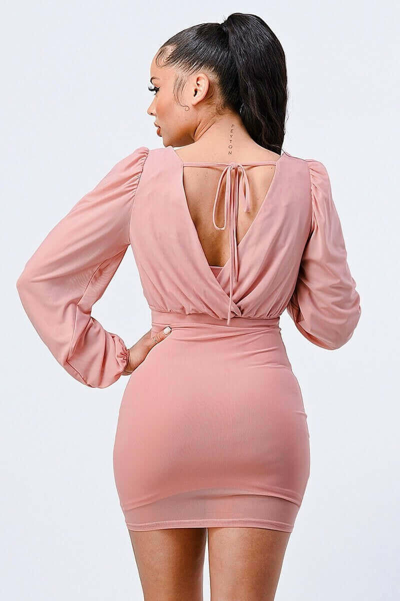 Lux Mesh Layered Lining V Neck Bubble Slv Bodycon Dress