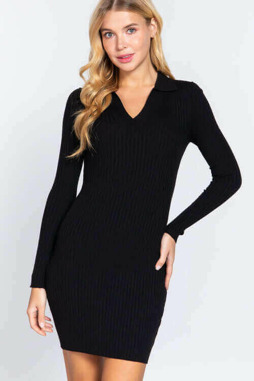 Long Slv V-neck Sweater Rib Mini Dress.