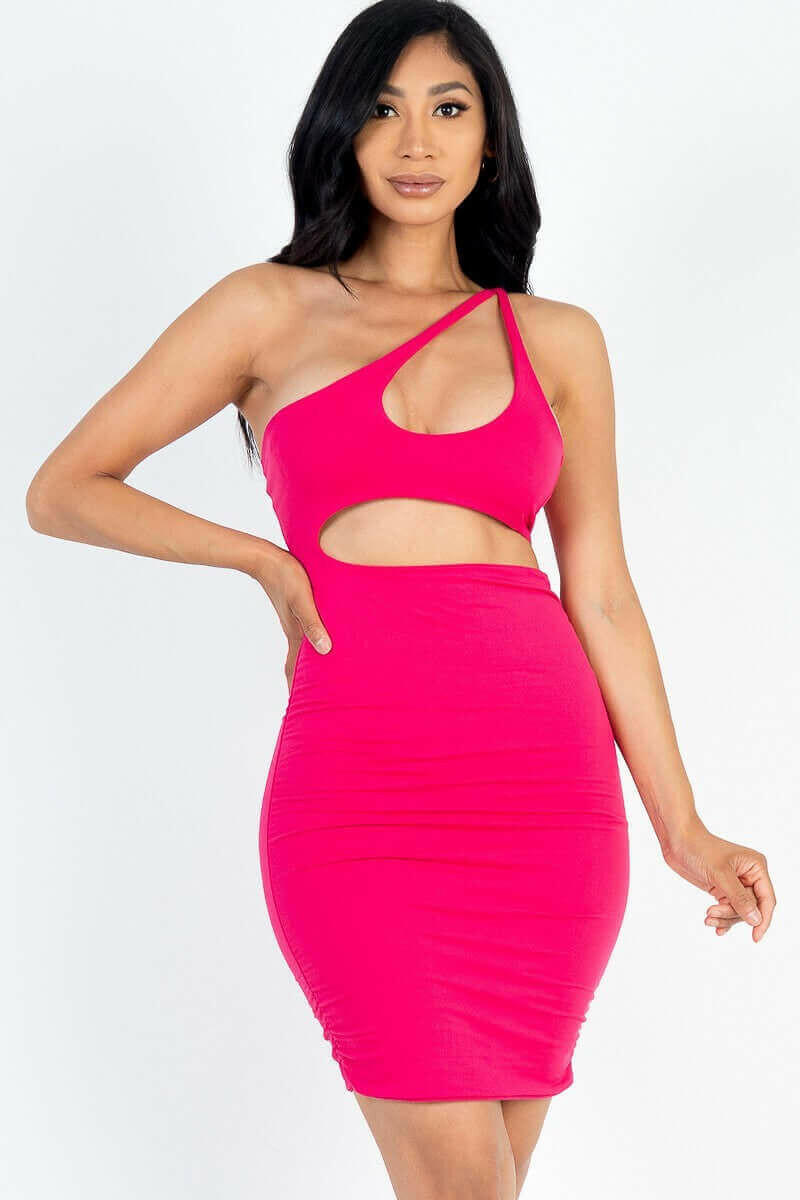 One Shoulder Cut-out Front Ruched Bodycon Mini Dress.