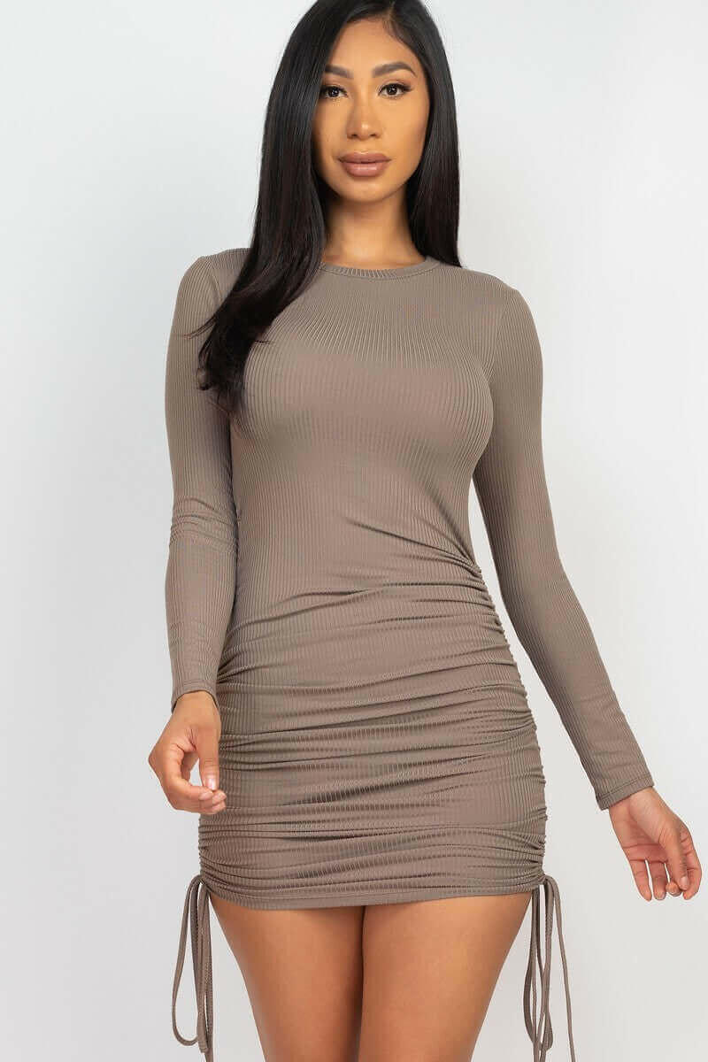 Ribbed long sleeve drawstring bodycon dress.