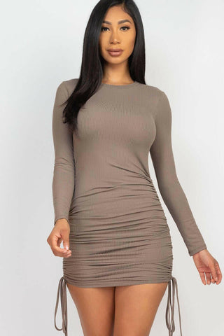 Ribbed long sleeve drawstring bodycon dress.