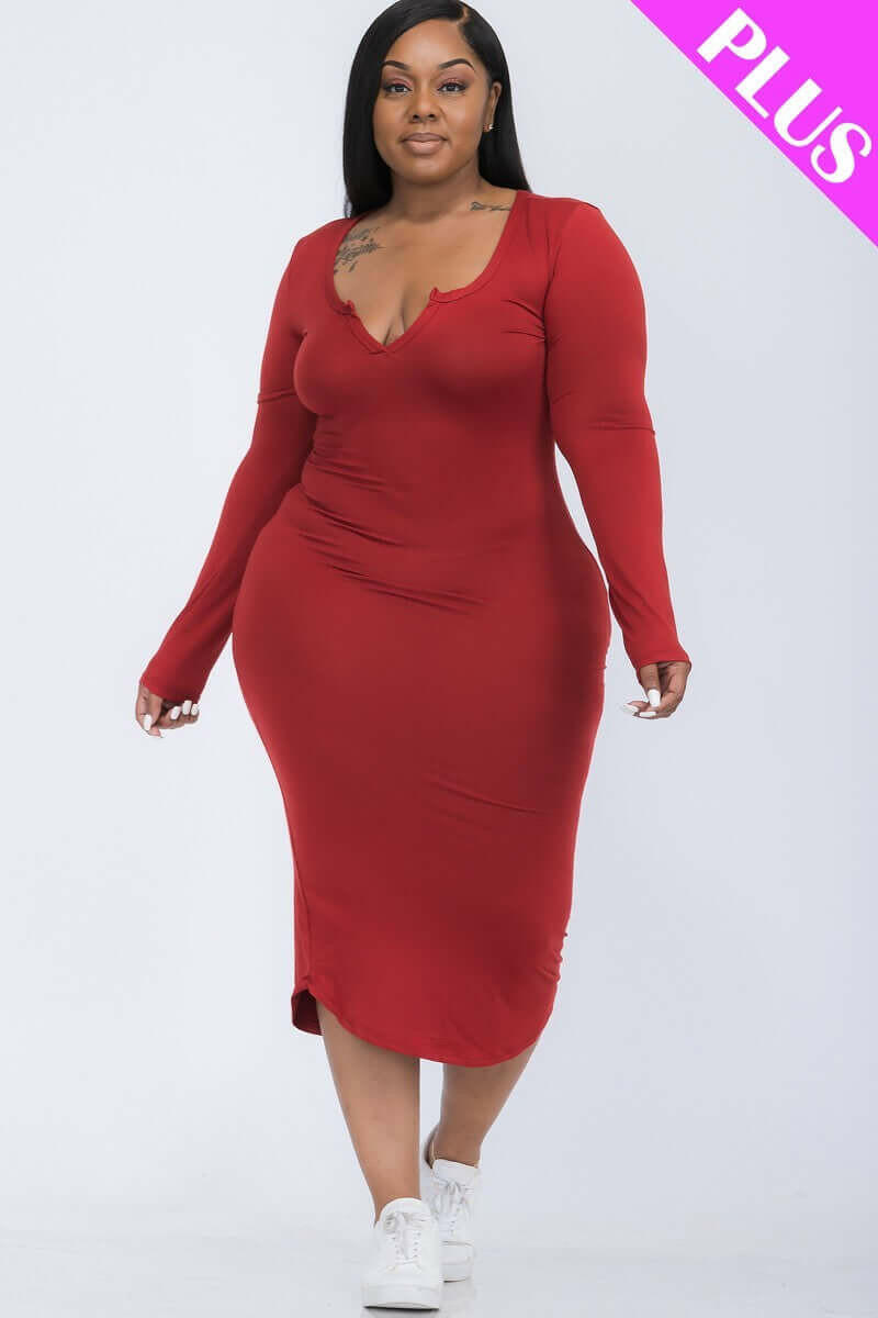 Split Neck Long Sleeve Midi Dress