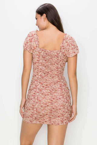 Ruched Floral Ruffled Bodycon Dress.