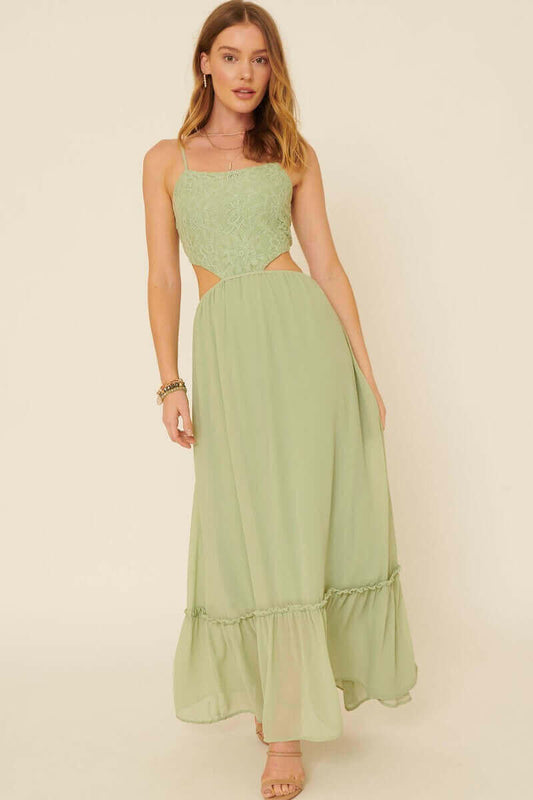 A Sheer, Chiffon Floral Lace Maxi Dress.