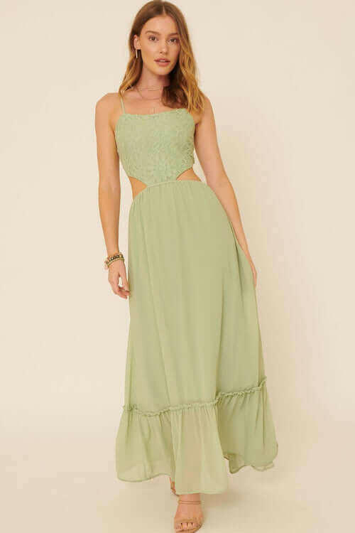 A Sheer, Chiffon Floral Lace Maxi Dress.