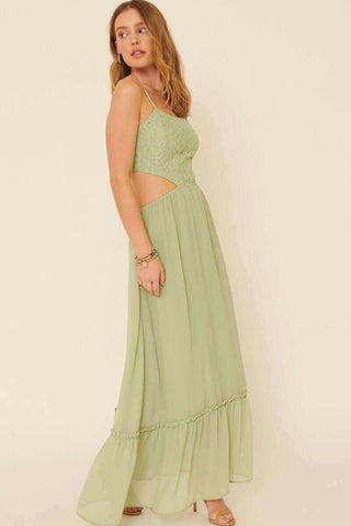 A Sheer, Chiffon Floral Lace Maxi Dress.