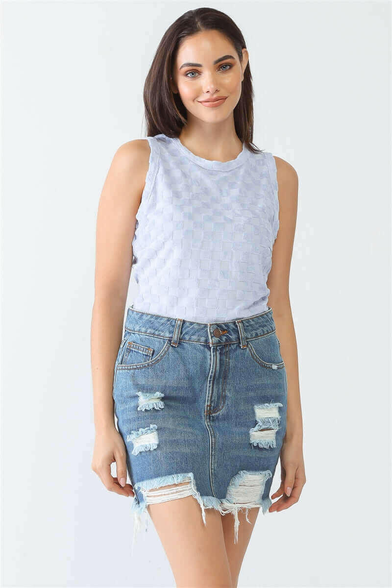 Baby Blue Chess Cage Print Cotton Blend Sleeveless Bodysuit.