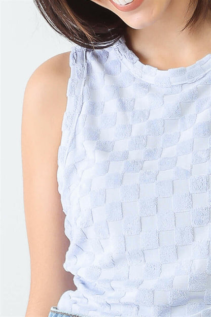 Baby Blue Chess Cage Print Cotton Blend Sleeveless Bodysuit.