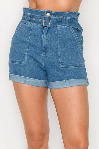 Belted Paperbag Denim Shorts