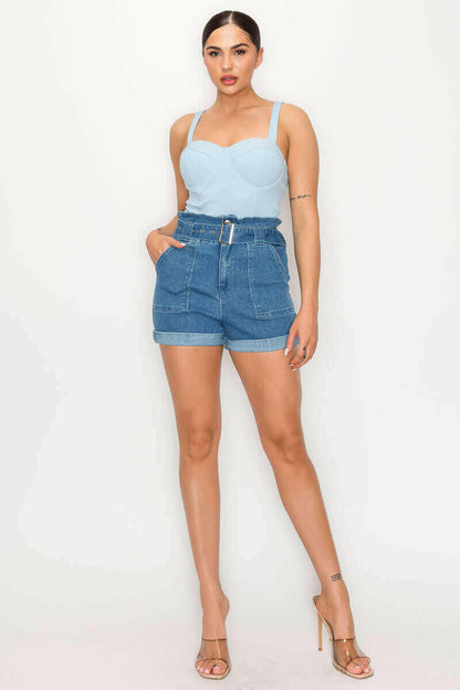 Belted Paperbag Denim Shorts.