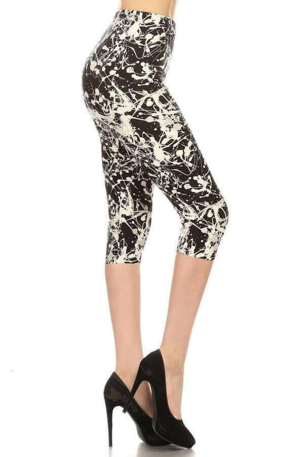 Paint Splatters Printed High Waisted Capri Leggings In A Fitted Style,.