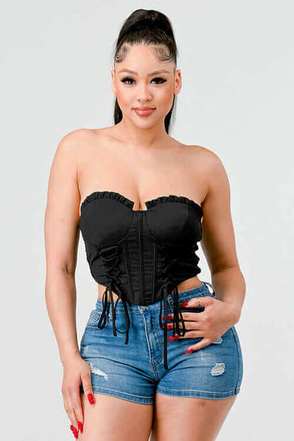 Luxe sweetheart ruffled drawstring lace bustier top.