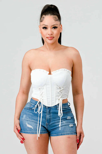 Luxe sweetheart ruffled drawstring lace bustier top.