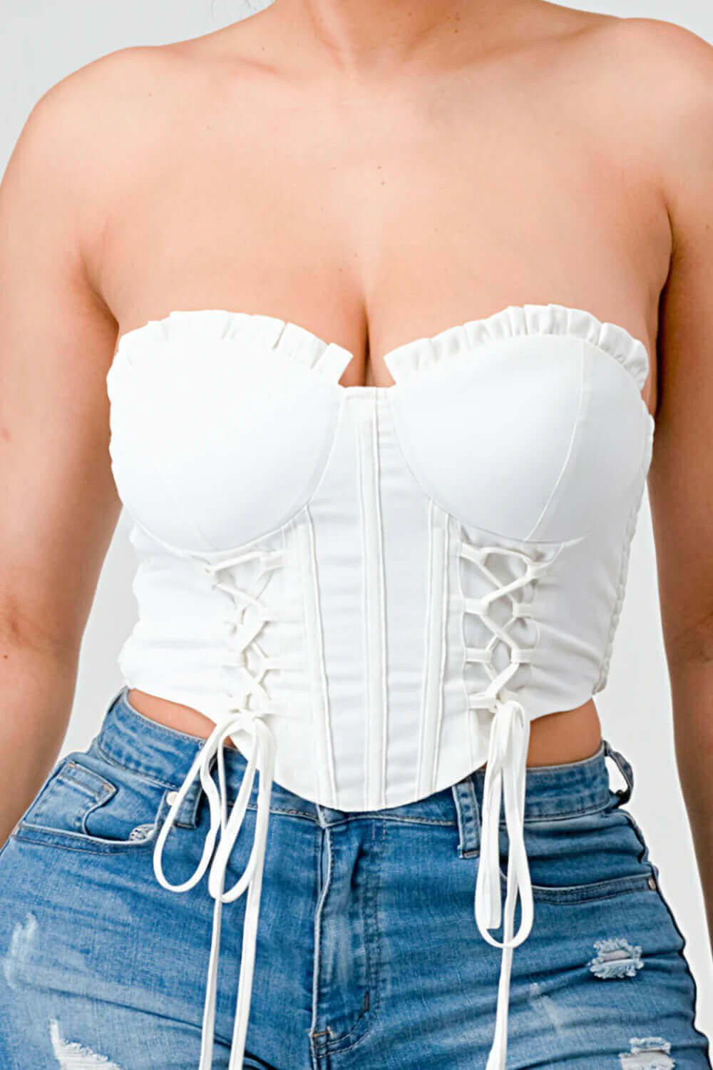 Luxe sweetheart ruffled drawstring lace bustier top.