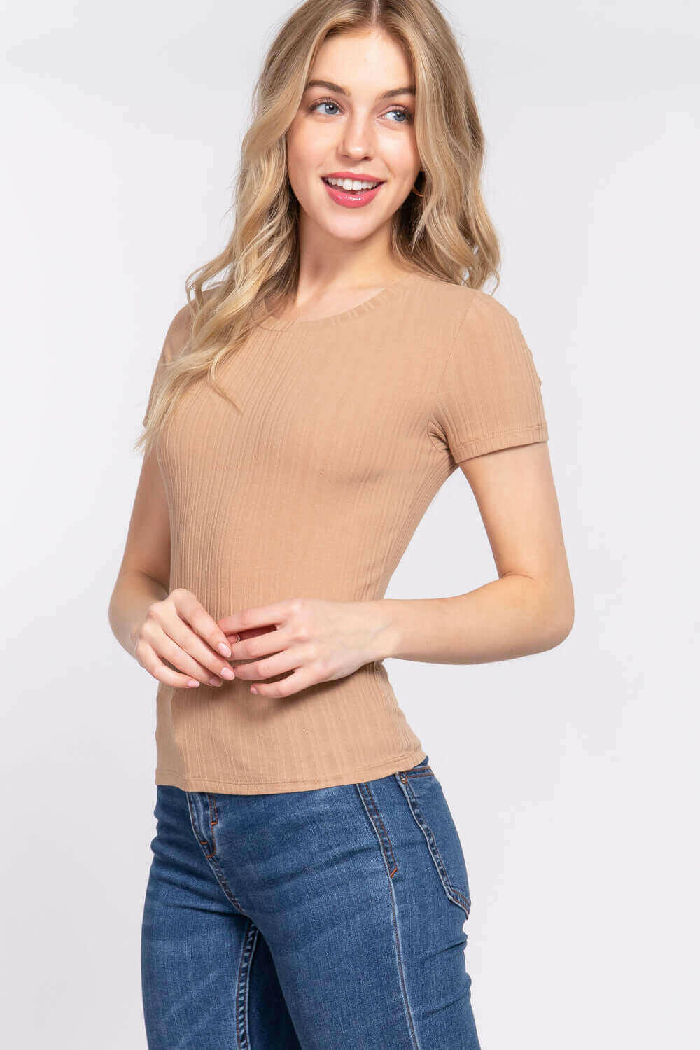 Short Slv Crew Neck Variegated Rib Knit Top.