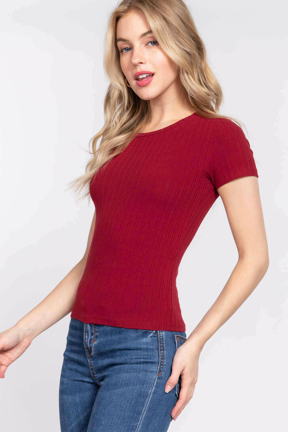 Short Slv Crew Neck Variegated Rib Knit Top