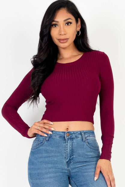 Long Sleeve Round Neck Basic Crop Top.