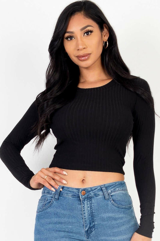 Long Sleeve Round Neck Basic Crop Top.