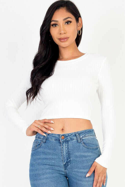 Long Sleeve Round Neck Basic Crop Top.