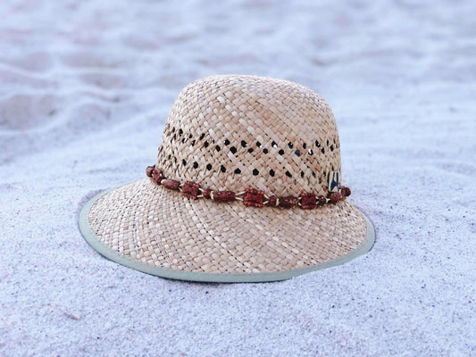 Natural Rush Straw Wooden Beads Sun Visor Hat.