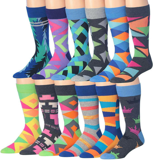 James Fiallo Mens 12 Pairs Funny Faces Striped Colorful Crew Socks.