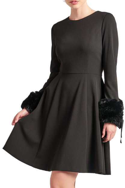 Caroline Dress - Long Sleeve Fit &amp; Flare Black Dress with Faux Fur