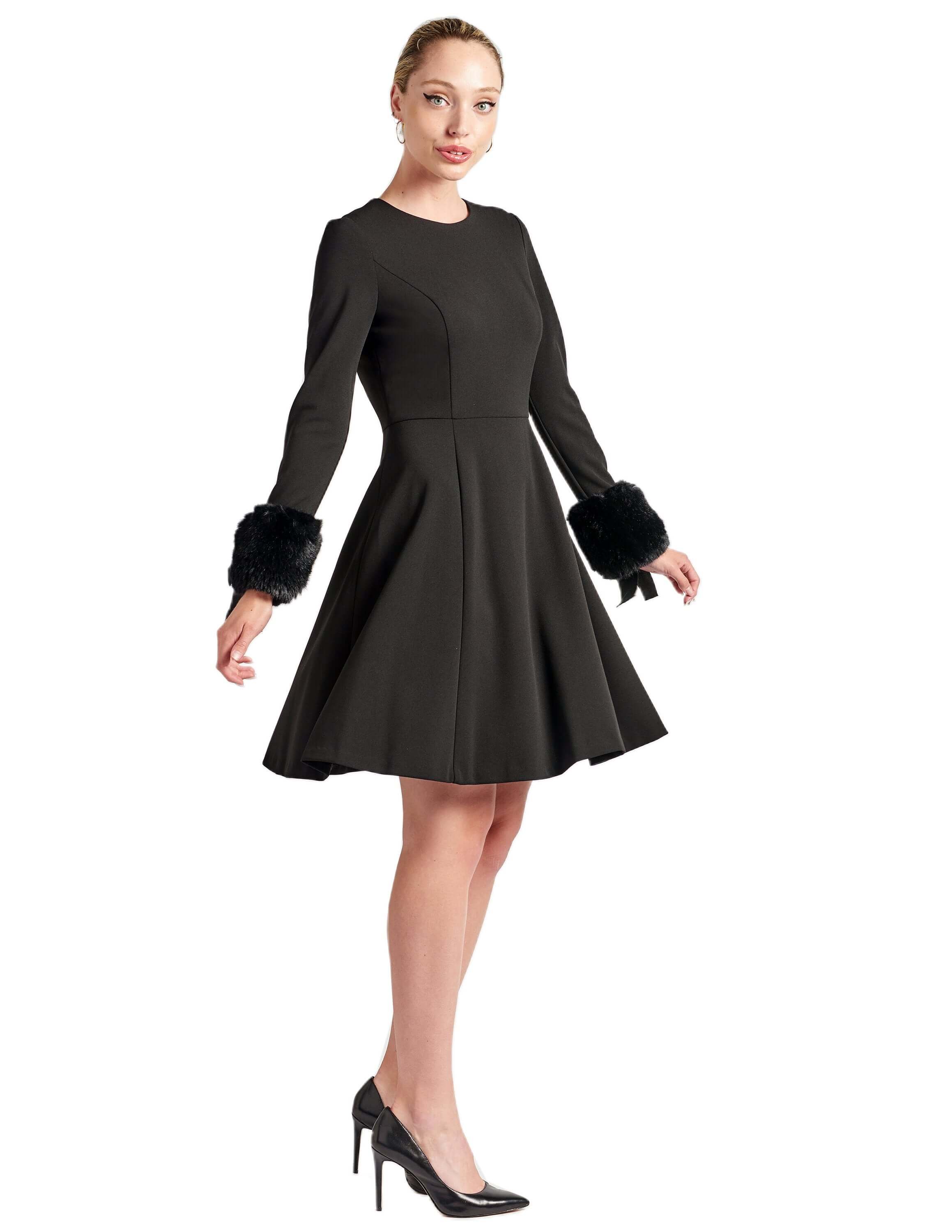 Caroline Dress - Long Sleeve Fit &amp; Flare Black Dress with Faux Fur