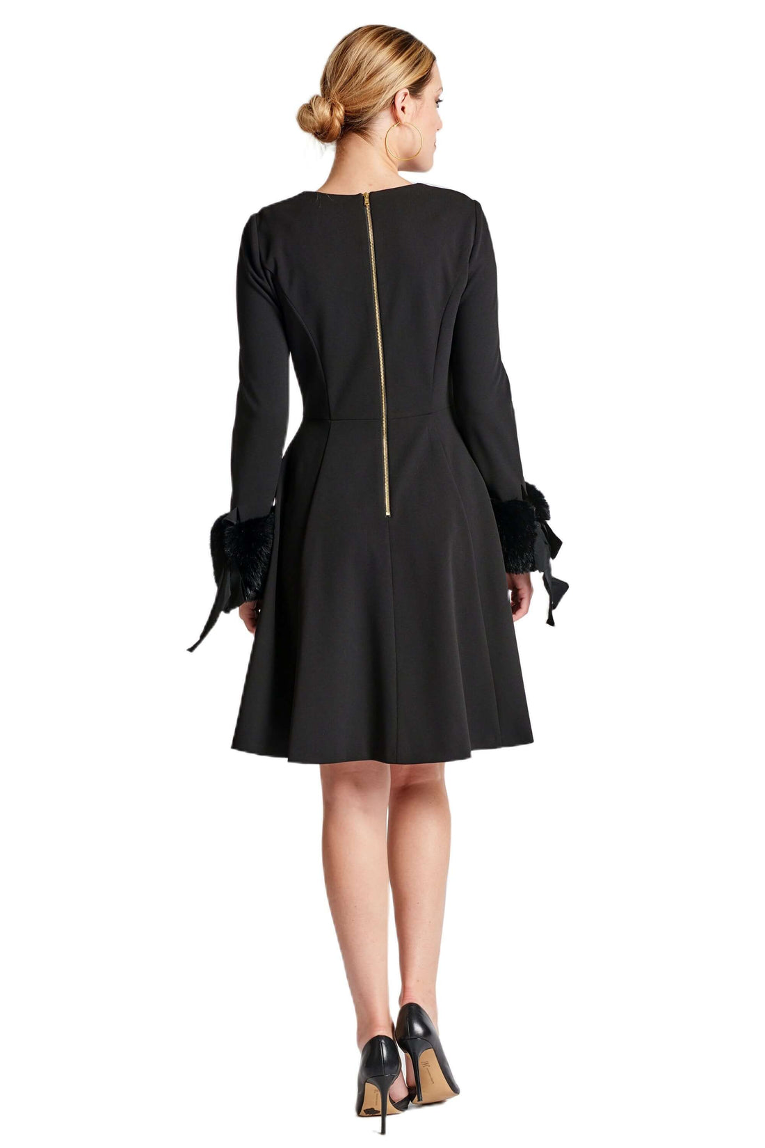 Caroline Dress - Long Sleeve Fit &amp; Flare Black Dress with Faux Fur