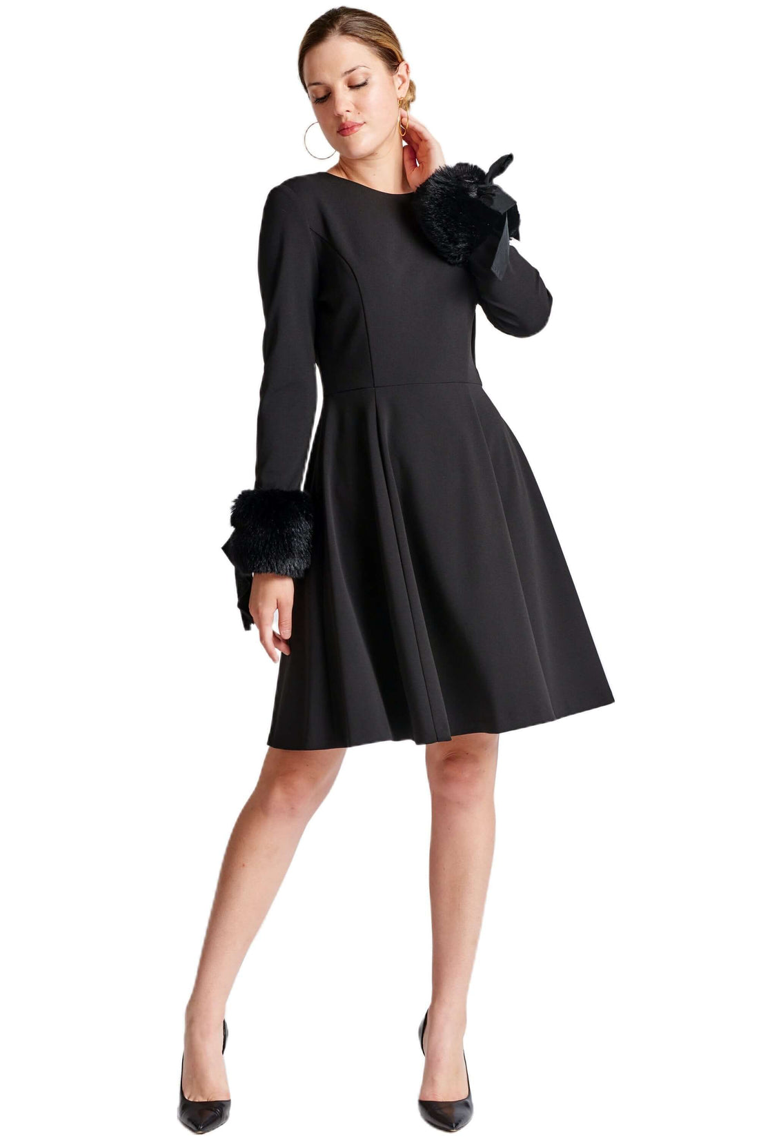Caroline Dress - Long Sleeve Fit &amp; Flare Black Dress with Faux Fur
