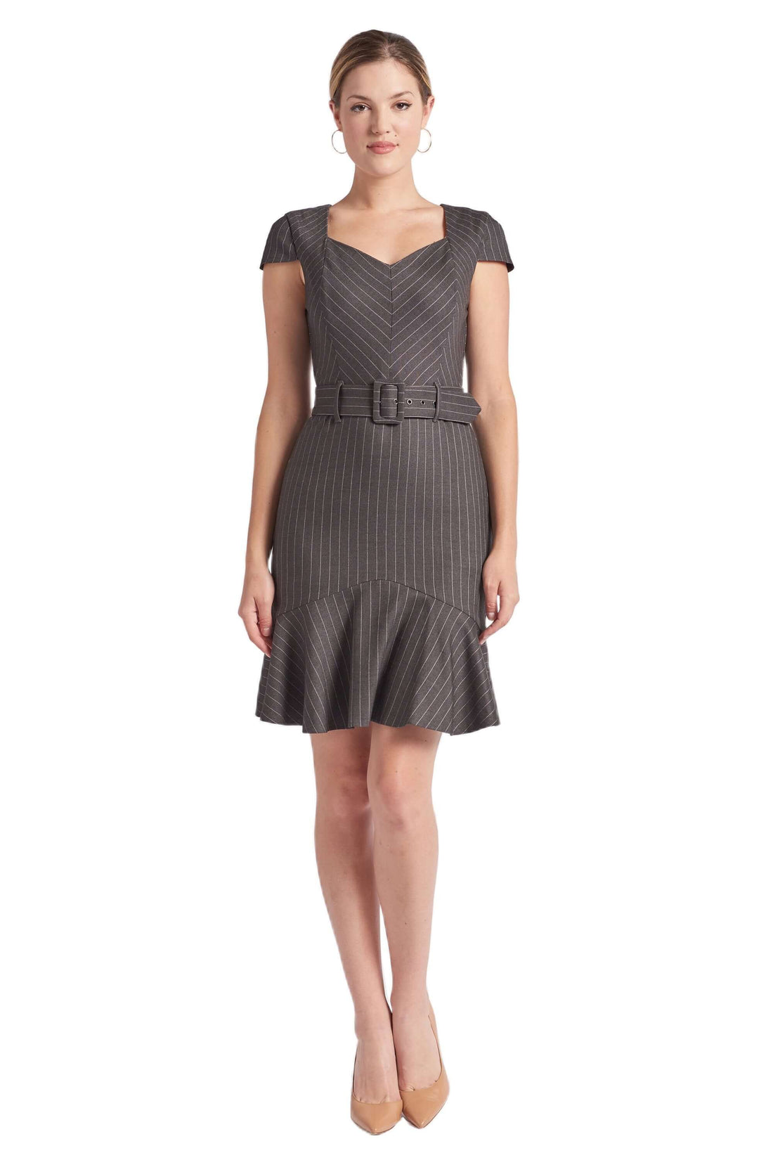 Chelsea Pinstripe Dress - V-Neck Cap Sleeve Work Dress with Ruffle Hem