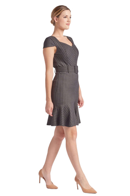 Chelsea Pinstripe Dress - V-Neck Cap Sleeve Work Dress with Ruffle Hem