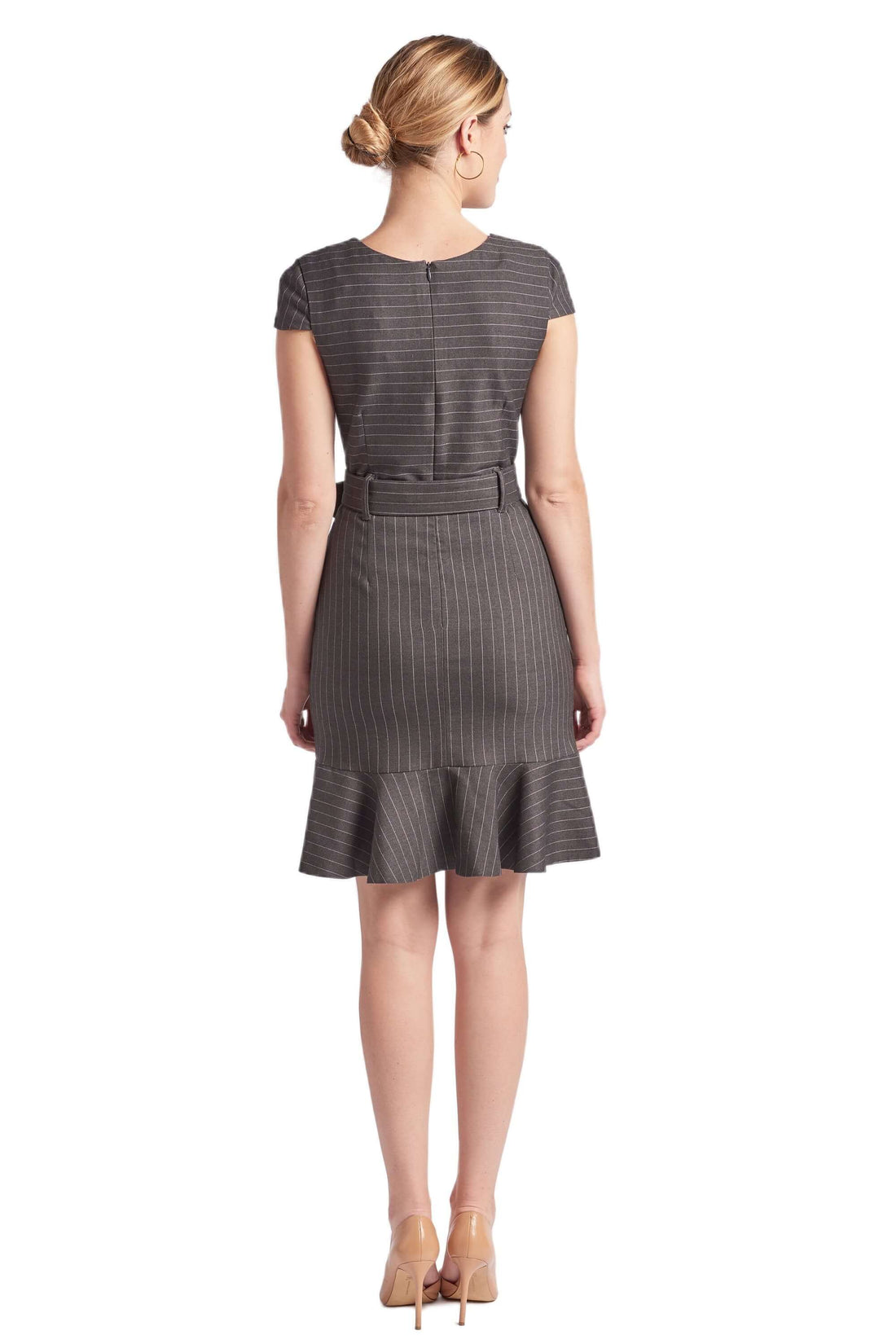 Chelsea Pinstripe Dress - V-Neck Cap Sleeve Work Dress with Ruffle Hem